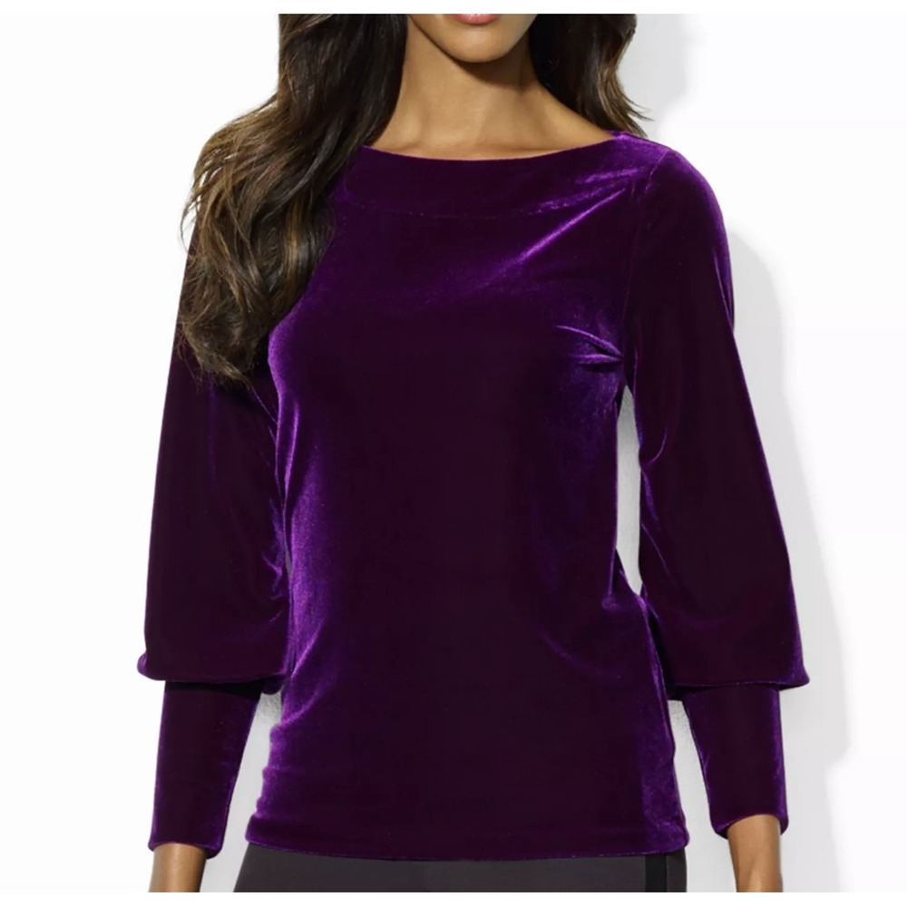 Lauren Ralph Lauren Purple Velvet Boat Neck Puff Sleeve Blouse Small